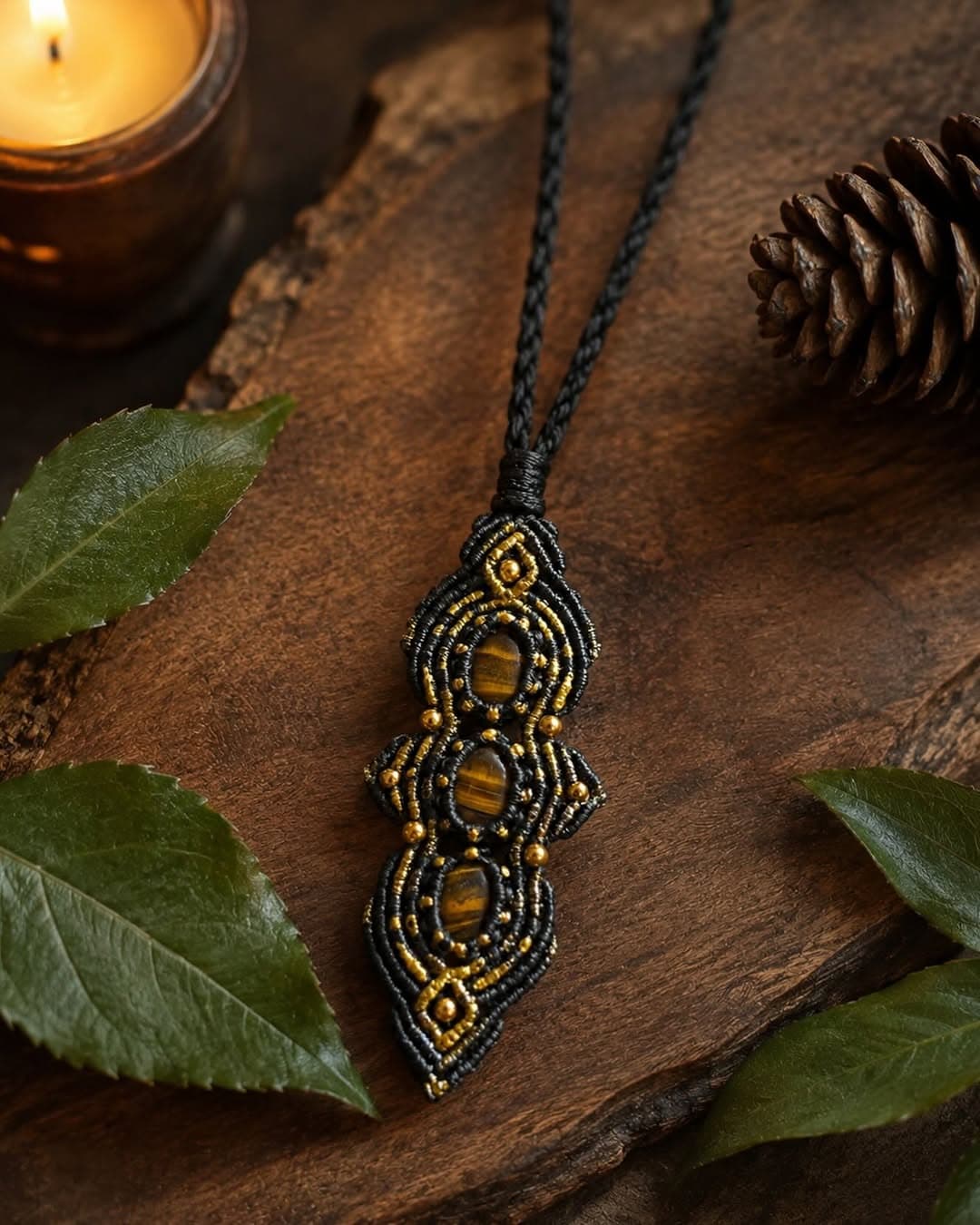 Collar artesanal de macramé con mineral natural en Lugo