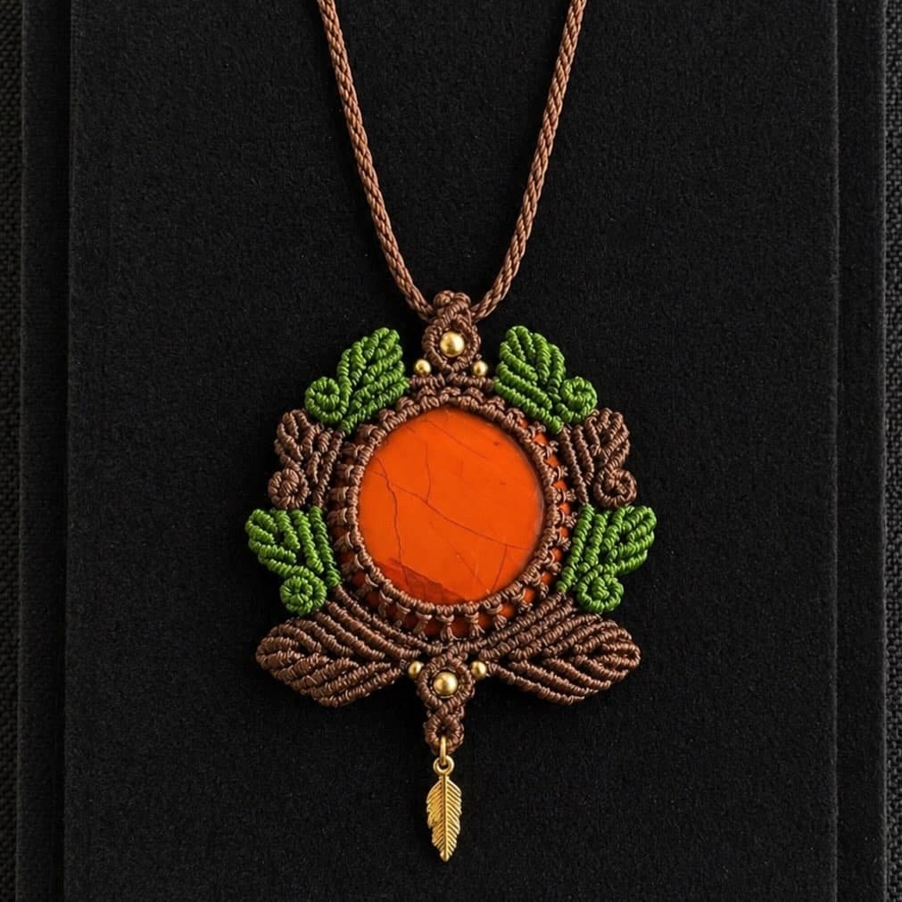 Detalle de joya artesanal de macramé con mineral natural de Artesanalien