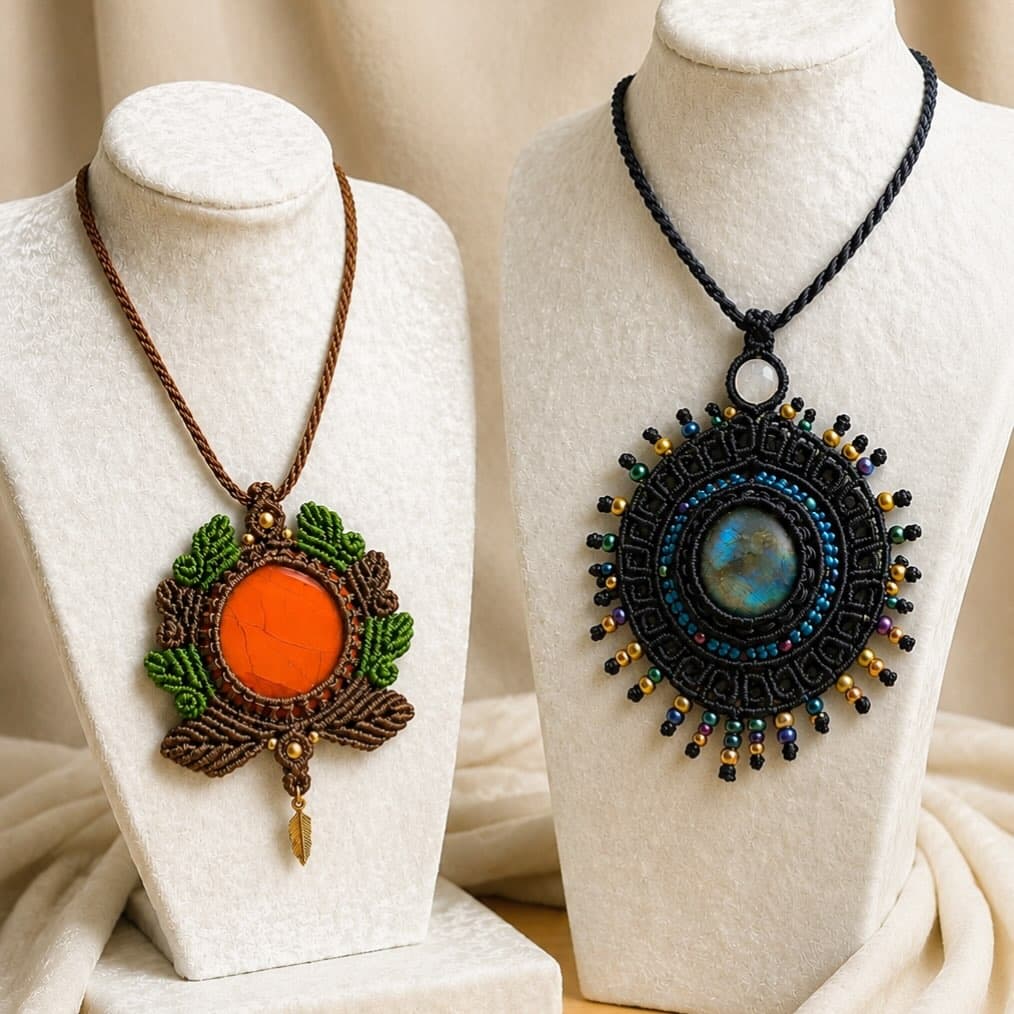 Collares artesanales de macramé con minerales naturales expuestos en maniquíes