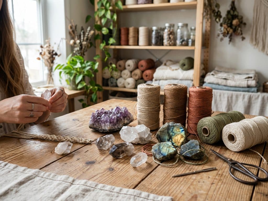 Colgante artesanal con mineral natural luciendo al aire libre en Lugo